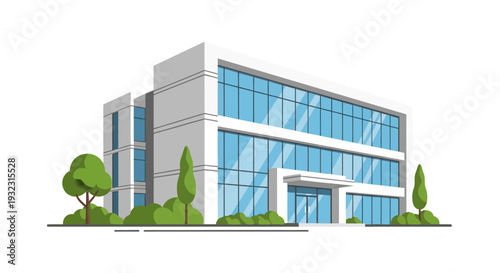 Modern Office Building Exterior with Glass Facade and Greenery