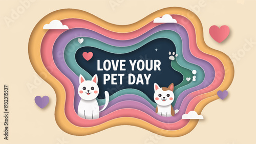 Love your pet day celebration with colorful cartoon cats and hearts on rainbow background