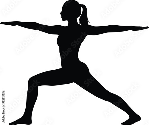 Silhouette of a woman in Warrior II pose, demonstrating yoga and healthy lifestyle
