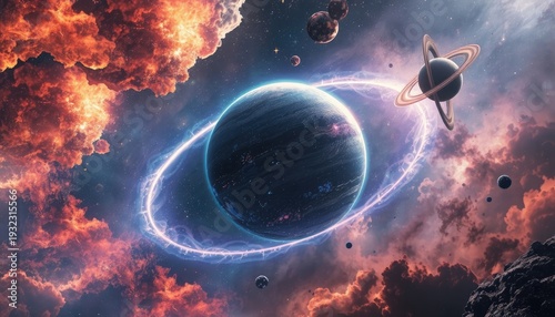 Vast Cosmic Nebula with Ringed Planet and Distant Worlds, Perfect for Presentations on Astronomy and Future Exploration