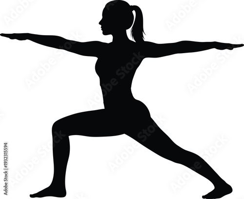Silhouette of a woman in Warrior II pose, demonstrating yoga and healthy lifestyle