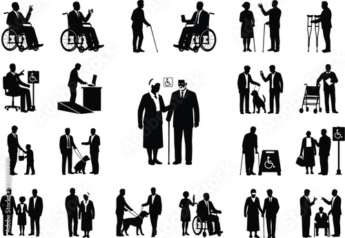 Collection of silhouettes depicting people with disabilities and their daily lives, promoting inclusion