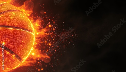 Dynamic basketball on fire with glowing embers for sports events, competition promotions, or energetic presentations