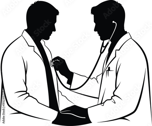 Silhouette of a doctor listening to a patient's chest with a stethoscope, symbolizing medical care and expertise