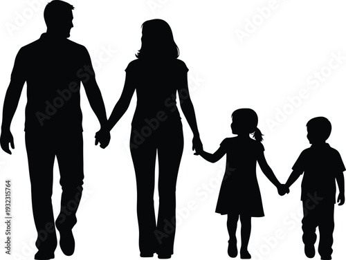Silhouette of a happy family walking together holding hands on a white background, symbolizing unity and togetherness.