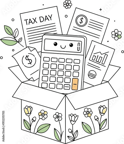 Sweet calculator illustration with tax day documents and financial statements bursting from a spring-themed decorative box for accounting tasks.