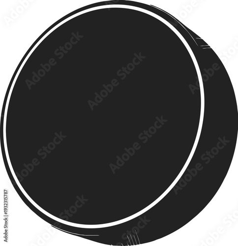 Professional black ice hockey puck with a white stripe accent, isolated against a pristine white background, perfect for sports branding and design.