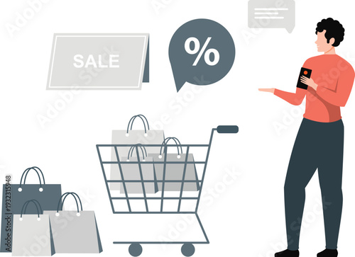 The boy showing discount shopping sale.