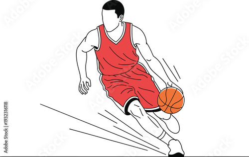 Clean line art and flat color illustration of a male basketball player aggressively dribbling the ball during an energetic game.