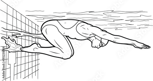 Line art illustration of a powerful swimmer in a cap and goggles pushing off the swimming pool wall underwater with strong momentum.