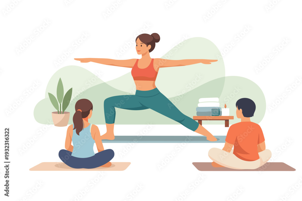 Fototapeta premium Yoga instructor teaching students warrior pose and meditation.