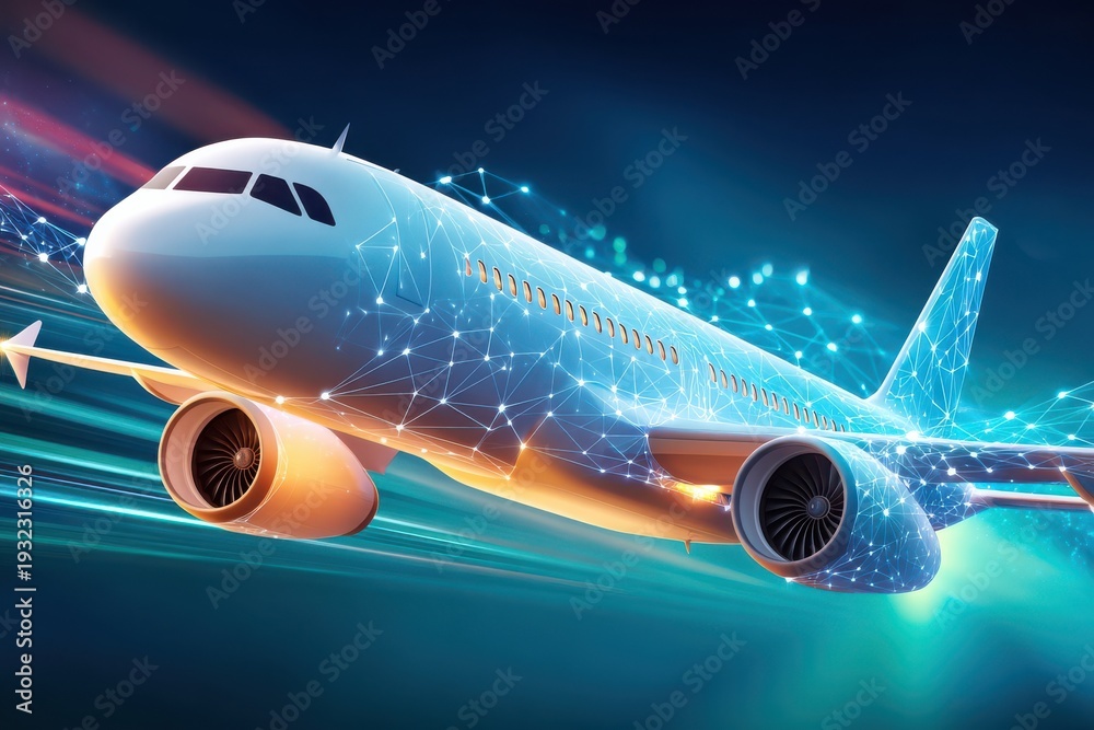 Fototapeta premium Abstract digital rendering of a modern airplane with interconnected network pattern