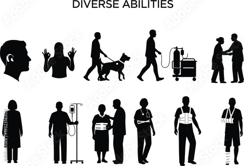 Diverse abilities and support services represented by black and white silhouette icons, showing accessibility and inclusion.