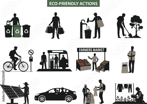 Eco-friendly actions and sustainable lifestyle choices illustrated with silhouette icons: recycling, biking, solar power, and local shopping.