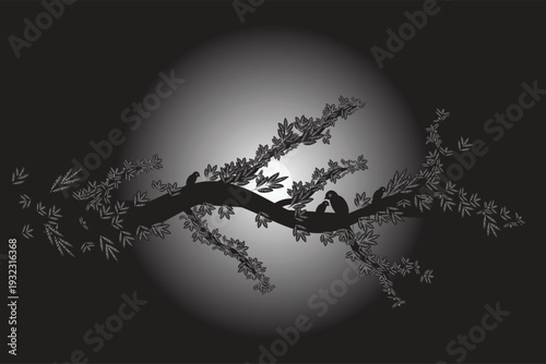 Vector illustration of a black tree silhouette at night with moon and stars in a seasonal nature landscape