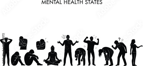 Black silhouette illustrations showcasing various emotional and mental states, from distress and sadness to anger and calm meditation.