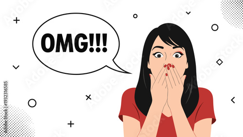 Surprised young woman with black hair expresses shock and amazement while standing beside a large speech bubble containing the words omg.