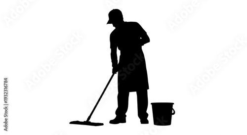 Silhouette of a cleaner with mop and bucket on white background