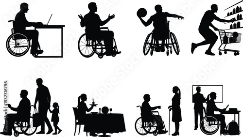 Collection of silhouettes showing individuals in wheelchairs engaging in diverse activities: working, playing sports, dining, shopping, and attending events.