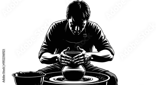 Potter Shaping Clay on Wheel, Artistic Craftsmanship, Black and White