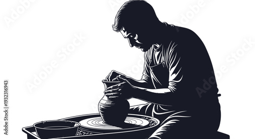 Potter shaping clay on a spinning wheel, silhouette art