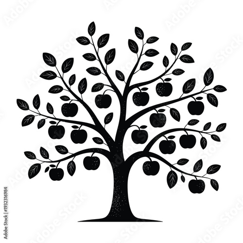 A stylized black silhouette of an apple tree laden with fruit