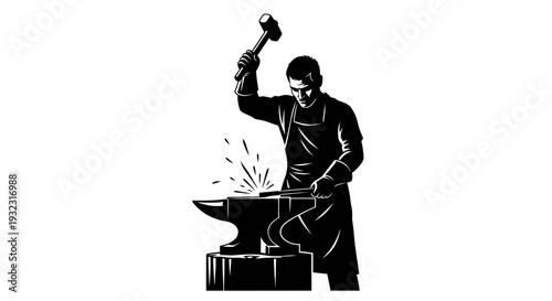Blacksmith working with hammer and anvil