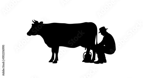 Farmer Milking Cow Silhouette - Traditional Dairy Farming