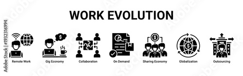 Work Evolution web banner icon vector representing modern workforce models,remote collaboration,gig economy,and global business flexibility