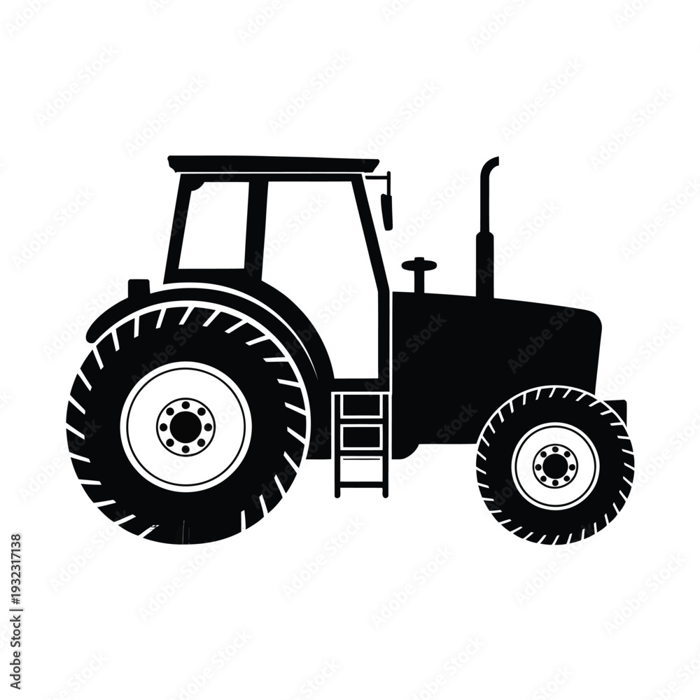 Obraz premium Black silhouette of a classic farm tractor with large rear tires