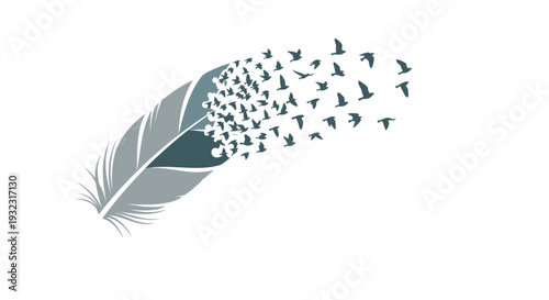 Feather transforming into flock of birds, symbolizing freedom, lightness