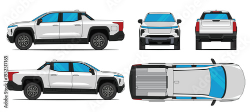 Electric pickup truck vector. Pick-up truck car vector mockup. side, front, rear, and top views