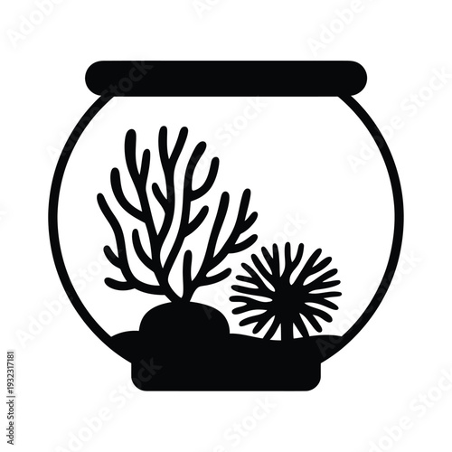 Simple black and white illustration of an aquarium with coral