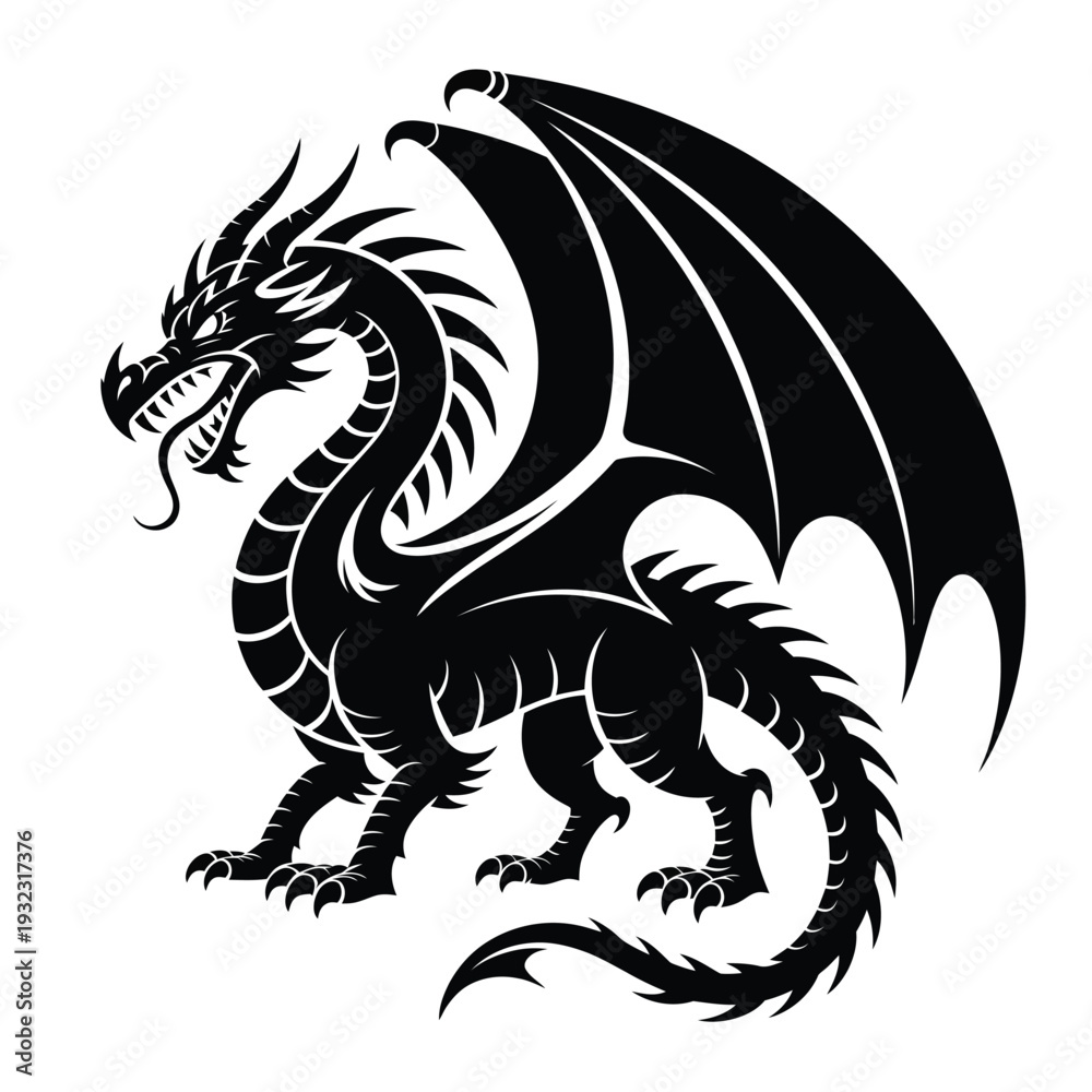 Obraz premium Black silhouette of a dragon with outstretched wings and powerful claws