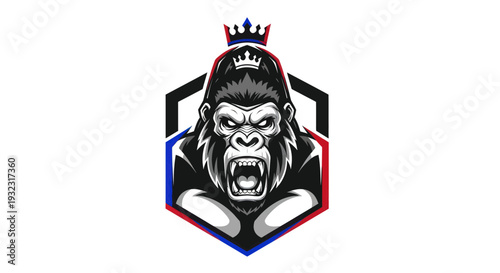 Fierce Gorilla King with Crown Logo Design, Aggressive Ape Head Emblem