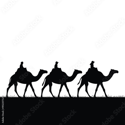 Silhouette of three camels and riders traveling across a dark landscape