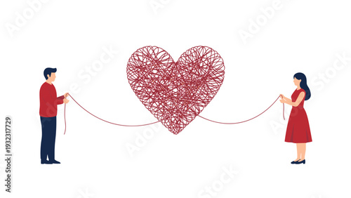 Man and woman stand apart while holding onto the ends of a tangled red string that forms a large heart shape between them in the center.