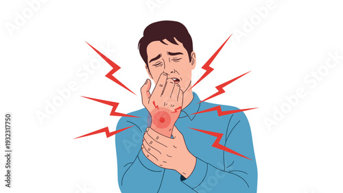 Young man suffers from severe wrist pain and discomfort indicated by red circular markings and lightning bolt symbols around his injured joint.