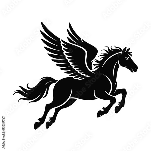 A majestic black pegasus is depicted in a dynamic rearing pose