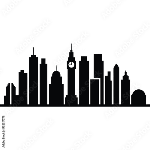 Black silhouette of a city skyline featuring big ben and modern buildings