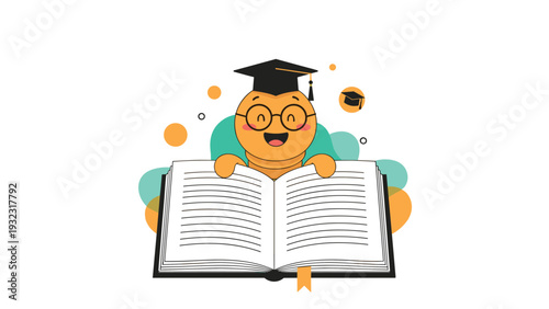 Cheerful cartoon bookworm wearing glasses and a graduation cap smiles happily while peering over the top of a large open book with a bookmark.