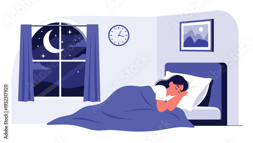 Young woman sleeping peacefully in her bed at night with a crescent moon and stars visible through the window in a quiet room.