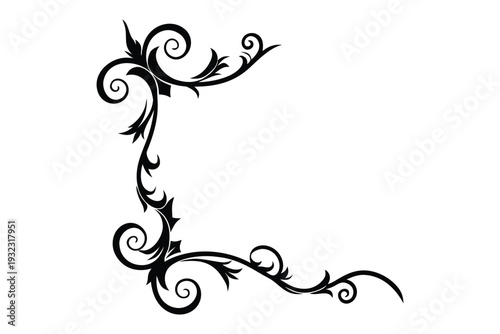 Black ornate decorative corner swirl with intricate scrollwork on white background