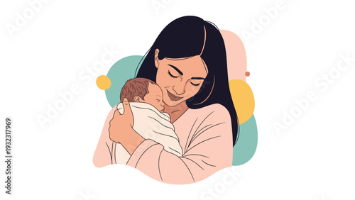 Tender illustration of a young mother with long dark hair gently cradling her sleeping newborn baby against a soft pastel background.