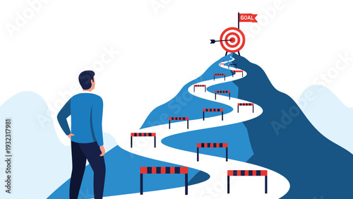 Business man standing at the base of a mountain path filled with hurdles leading to a target goal with an arrow at the top.