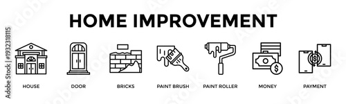 Home Improvement Banner Web Icon Set Collection Pack Vector Illustration Concept For House, Door, Bricks, Paint Brush, Paint Roller, Money, Payment