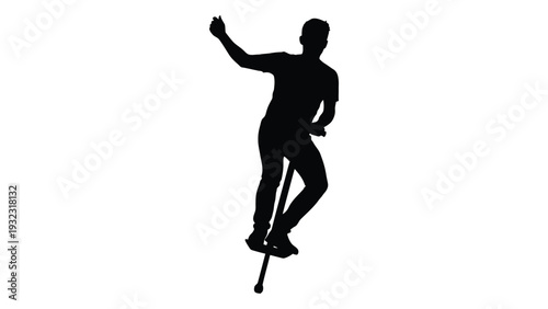 A man in silhouette balances on a pogo stick isolated on white background, Vector