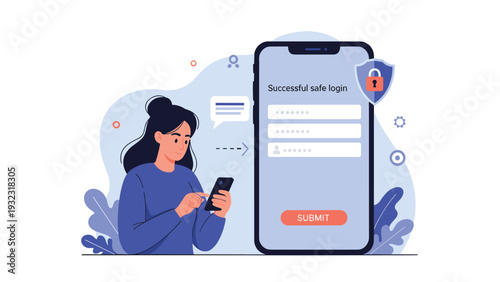 Secure login concept showing a woman using her smartphone to access a website with a successful safe login message and lock icon displayed.