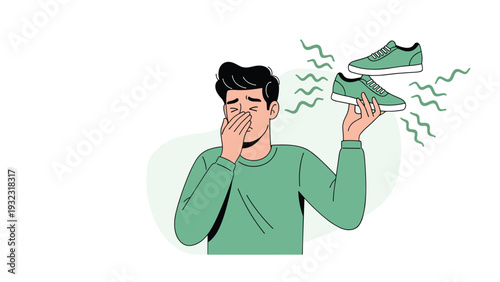 Young man looking disgusted and covering his nose while holding a pair of green sneakers with wavy lines representing a bad smell.