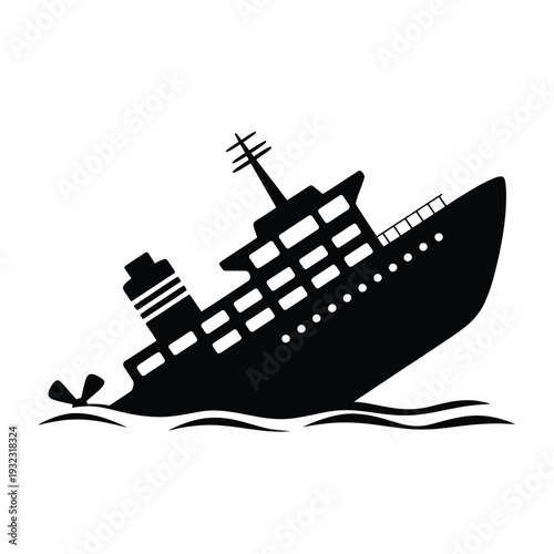A sinking ship illustration depicted in a stark black and white style